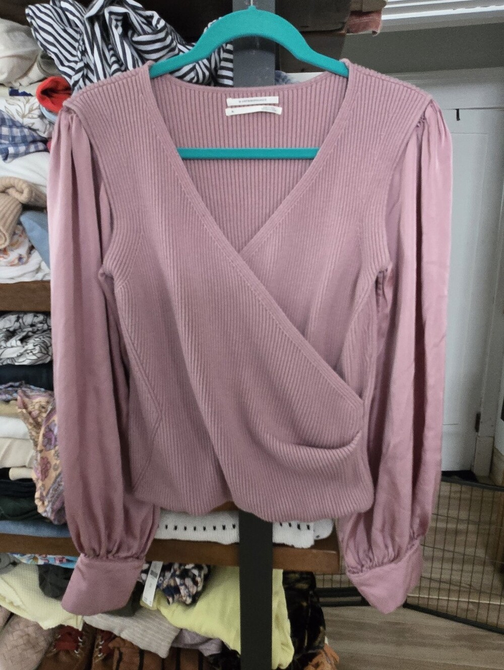 Anthropologie Mauve Ribbed Wrap-Front Blouse
